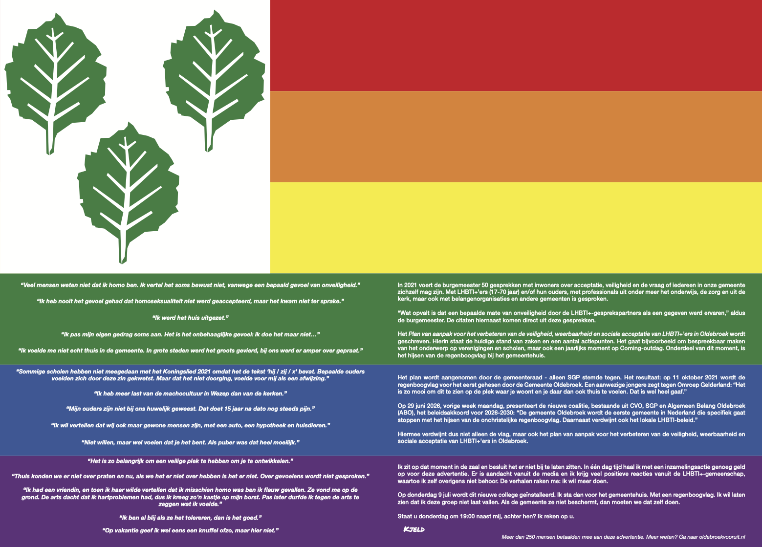 Paginagrote regenboogvlag in krant: protest na schrappen lhbti+-beleid in Oldebroek
