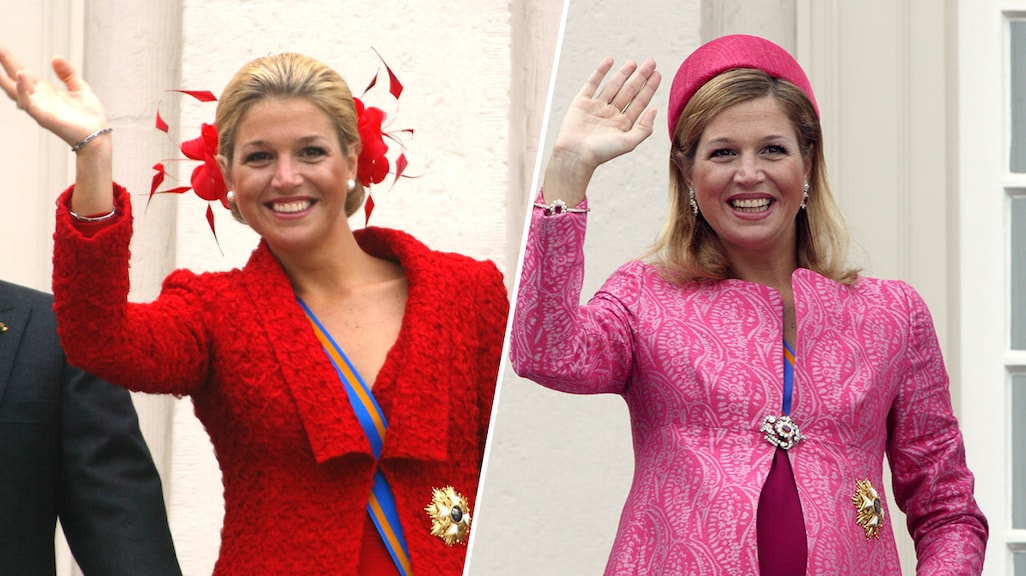 Koningin Máxima tijdens Prinsjesdag in 2002 (L) en 2003 (R)