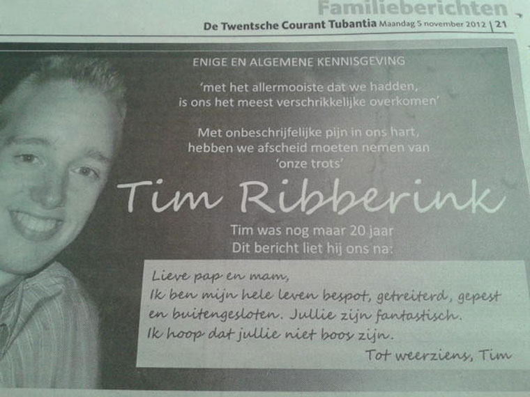Ouders Tim overvallen door aandacht rouwadvertentie
