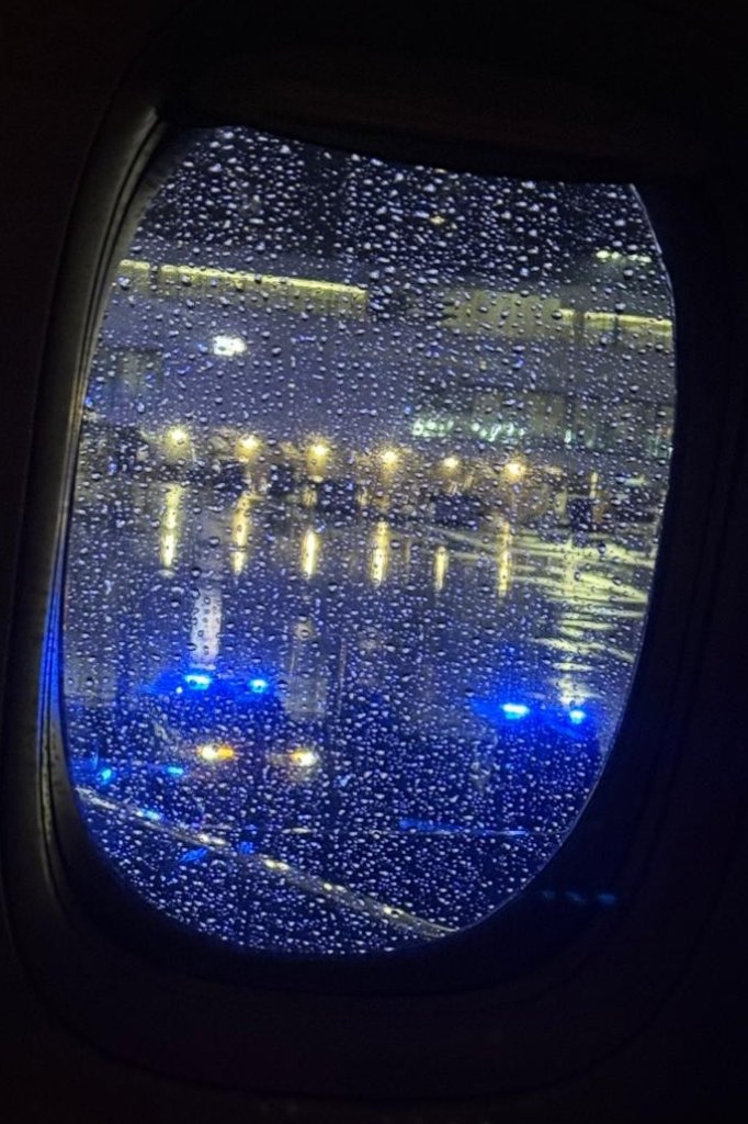 Het vliegtuig was omsingeld met politieauto's. 